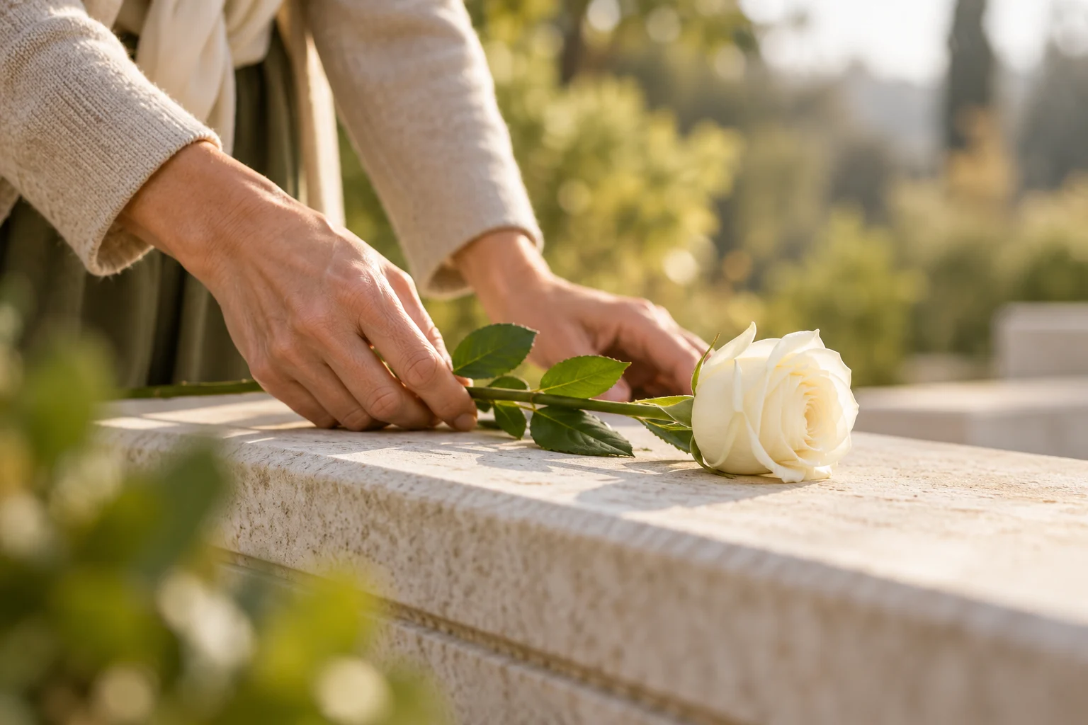 Une rose blanche délicatement déposée sur une sépulture