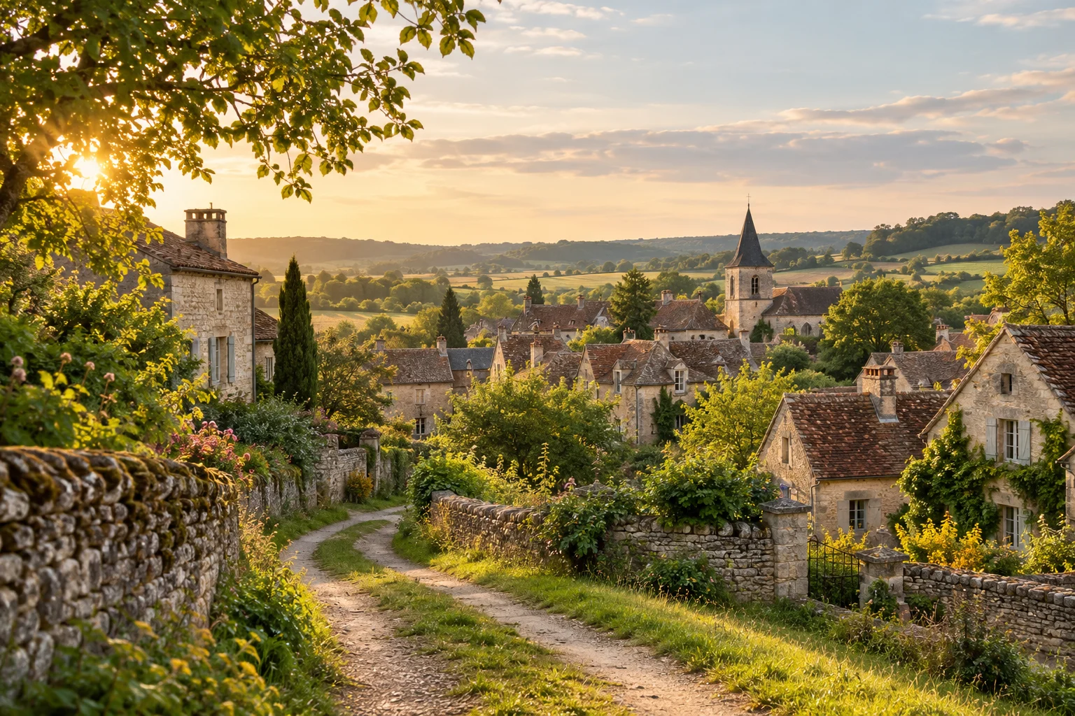 Chemin ensoleillé menant vers un village bourguignon