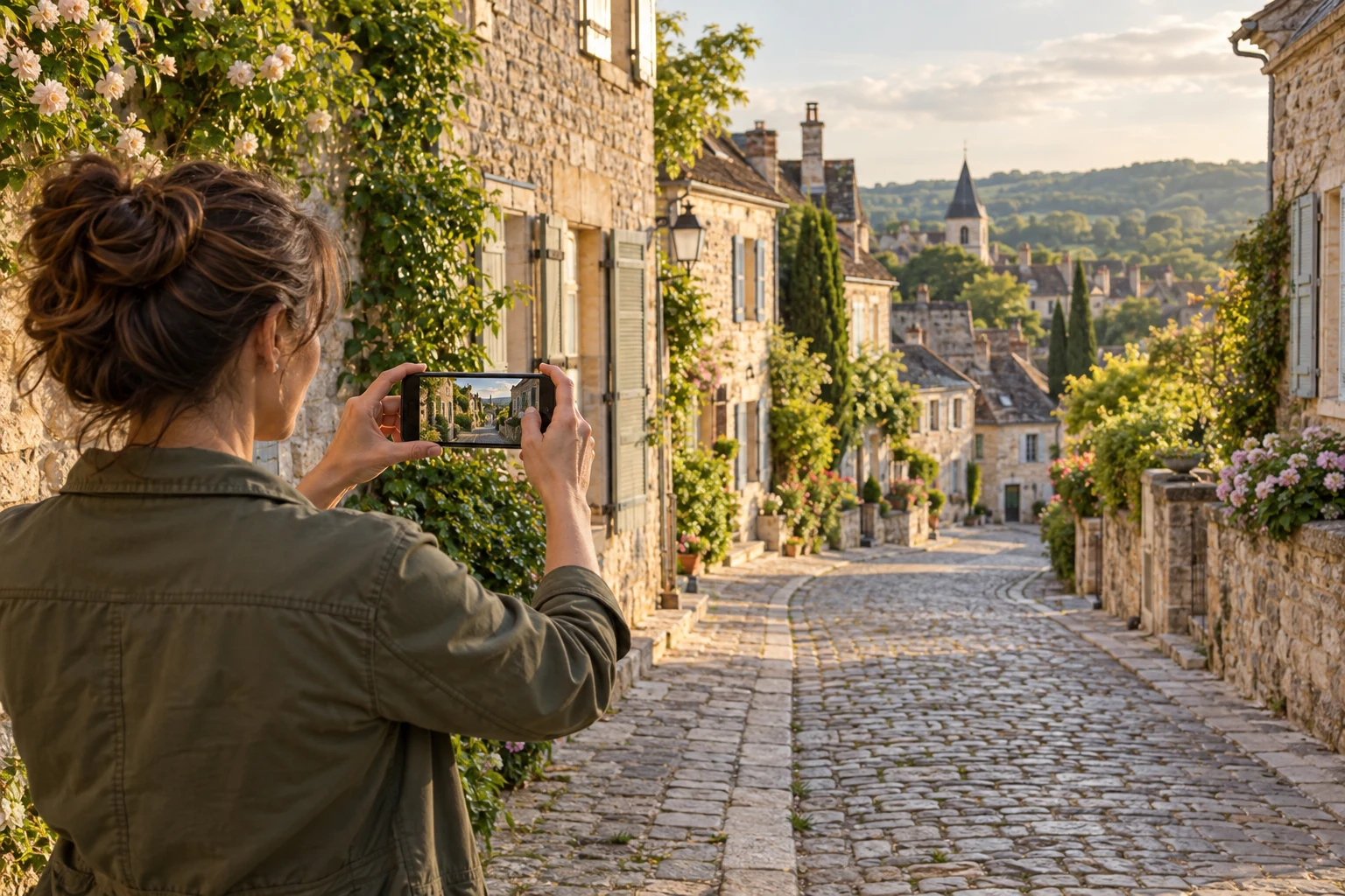 Une Porteuse d’Hommage photographie une rue de village