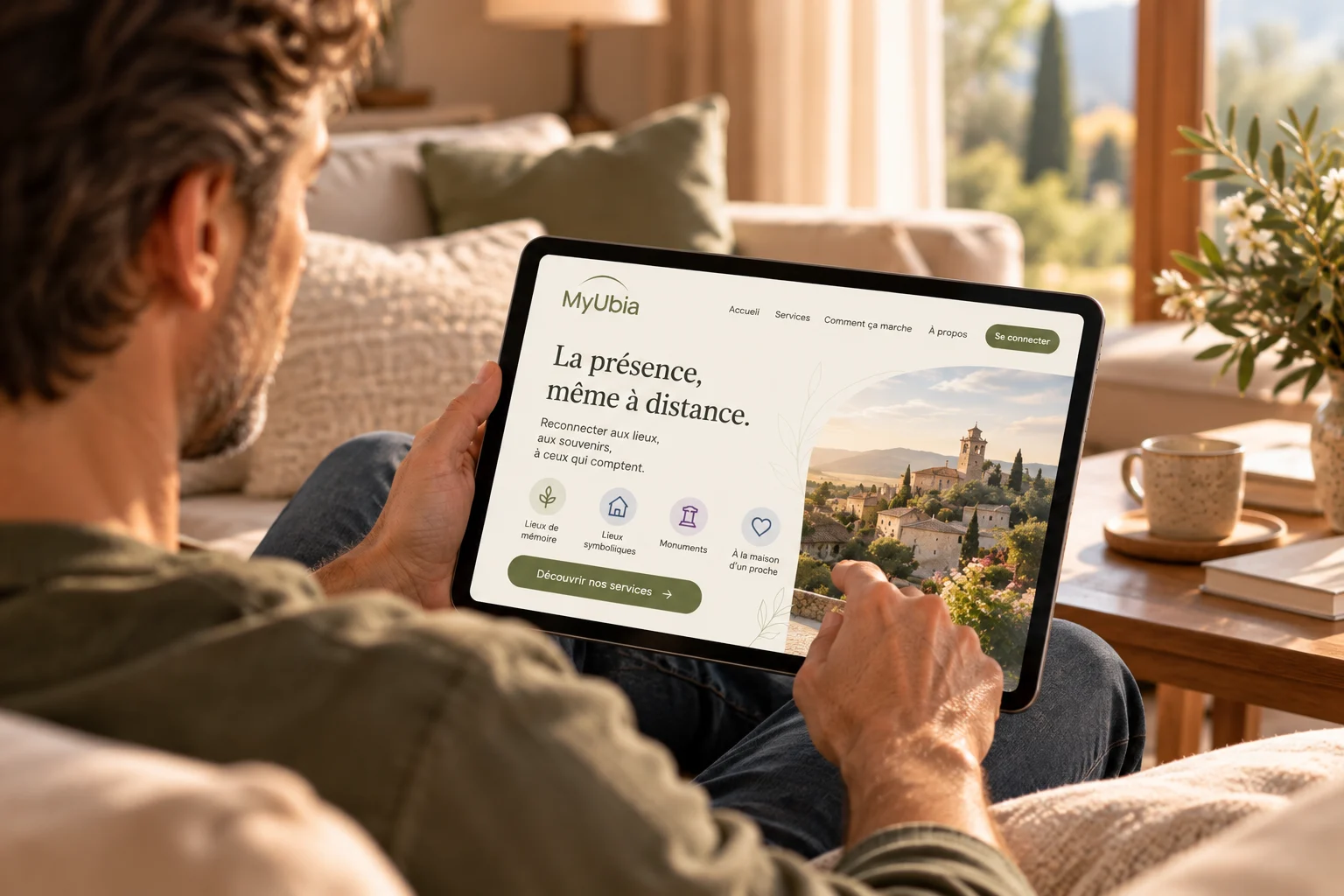 Un homme découvre MyUbia sur sa tablette dans son canapé