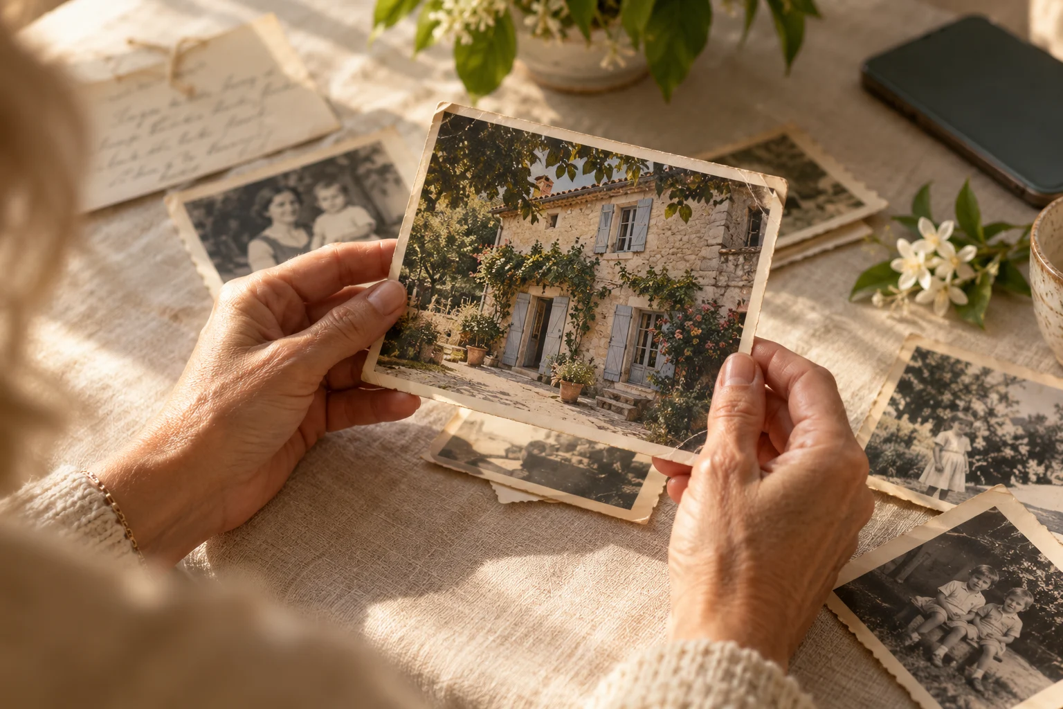 Des mains feuilletant les photographies d’une maison d’enfance