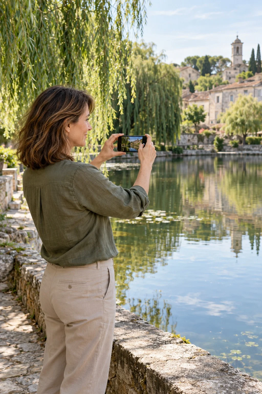 Une Porteuse d’Hommage prend un étang en photo avec son téléphone