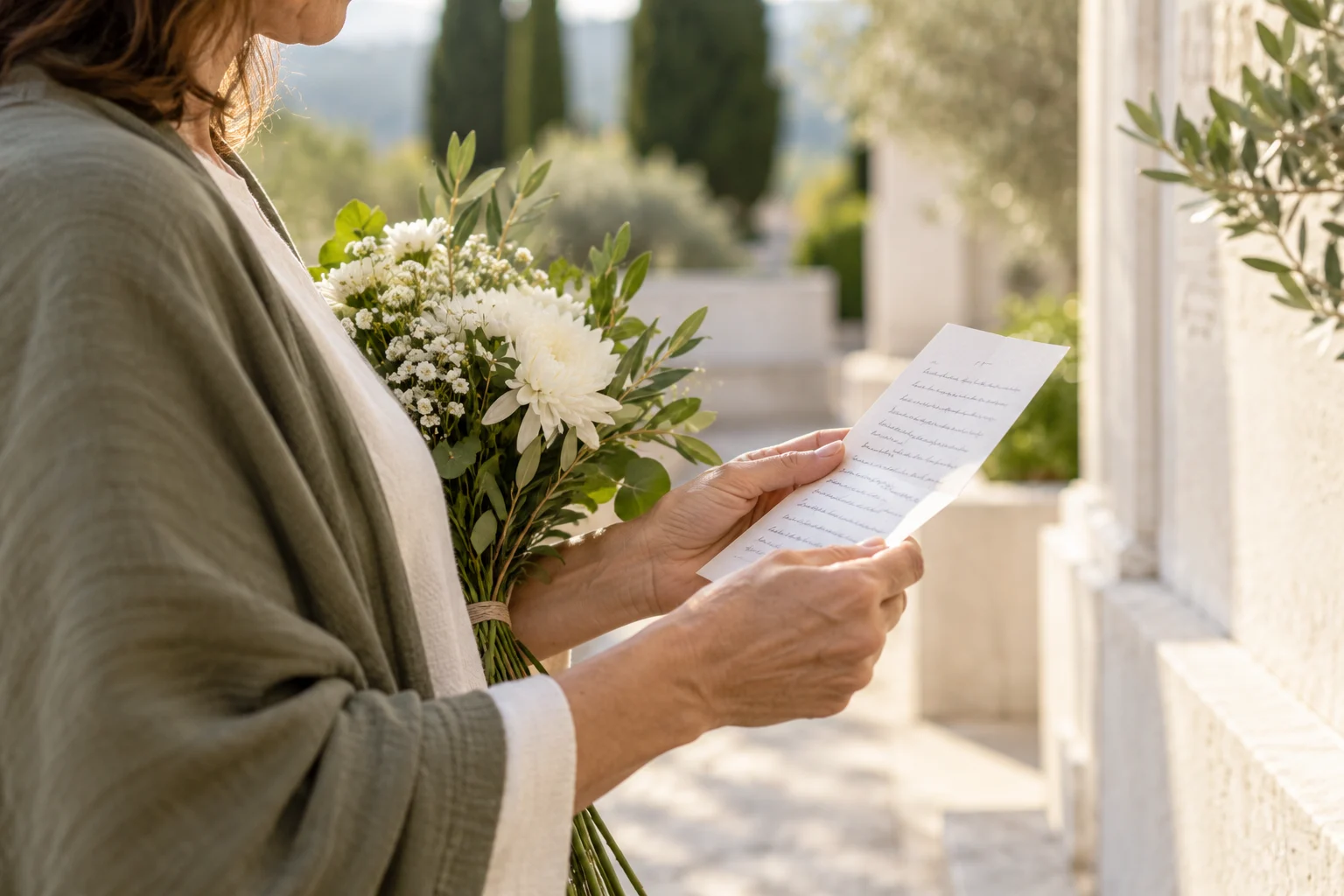 Une Porteuse d’Hommage lit un message près d’une sépulture